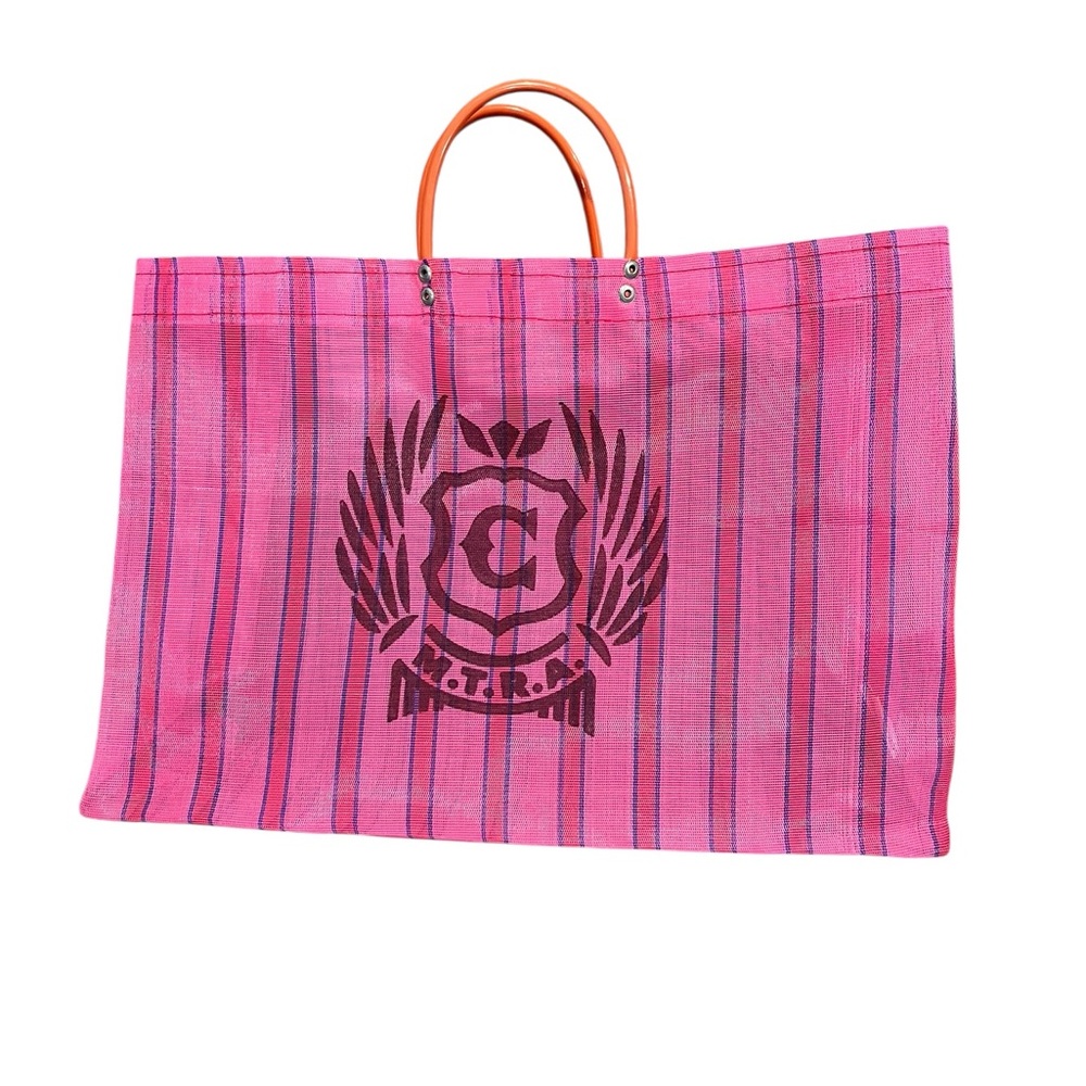 Consuela Pink Striped Tote with Orange Handles and Crest